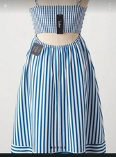 Lulus M Blue White Striped Smocked Cotton Midi Dress Sleeveless Square Neck