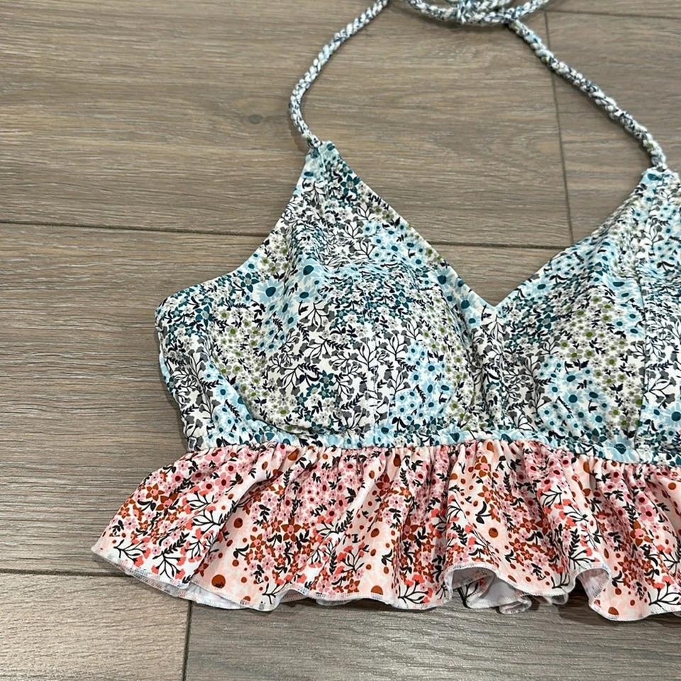 DOWNEAST Cream Pink Blue Green Floral V Neck Halter Tie Tankini Swim Top Size M - Image 3 of 4