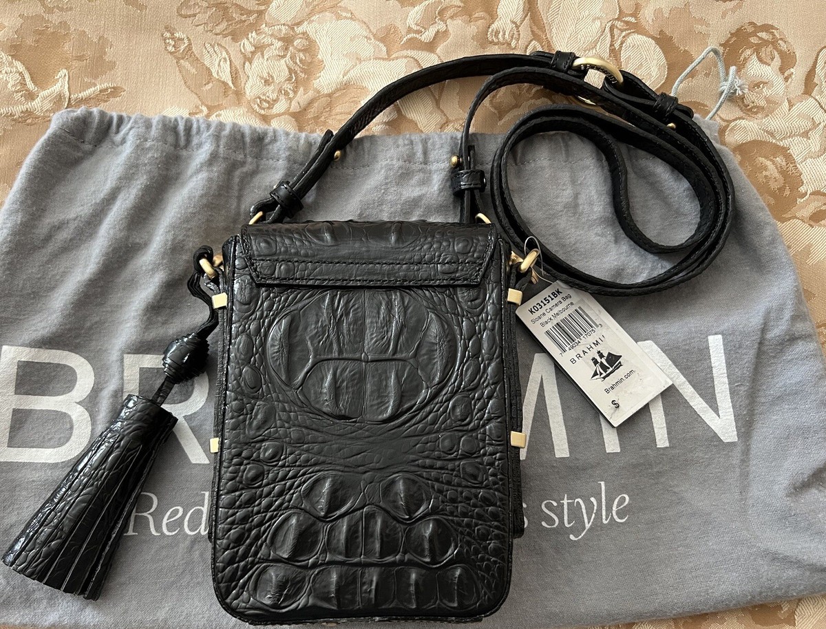 Brahmin Sloane BLACK Croc Embossed Leather XBody/Phone/Camera