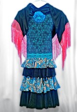 Authentic Spanish Flamenco Dress, Girl 8, Matching Scarf and Flower Brosh, Blue
