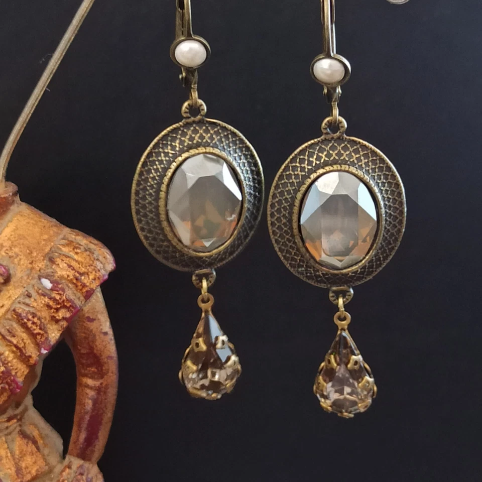 Pendientes Michal Negrin Grandes Gris Ahumado/Marrón Ovalados Facetados Cristal Brillante Deco Foto 3 de 4