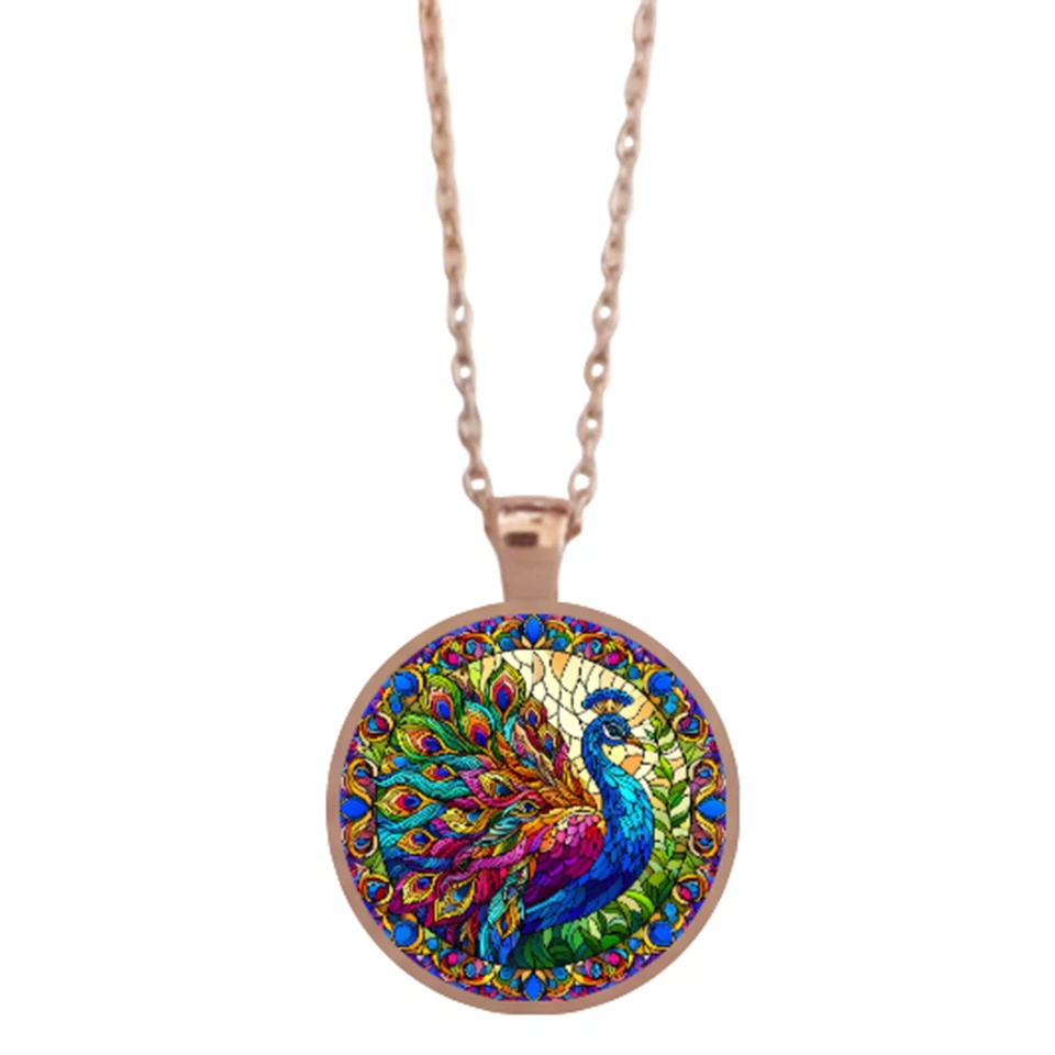 Colgante/Collar Bisel Pavo Real Imitación Vitral Tono Plata Oro O Oro Rosa Foto 3 de 4