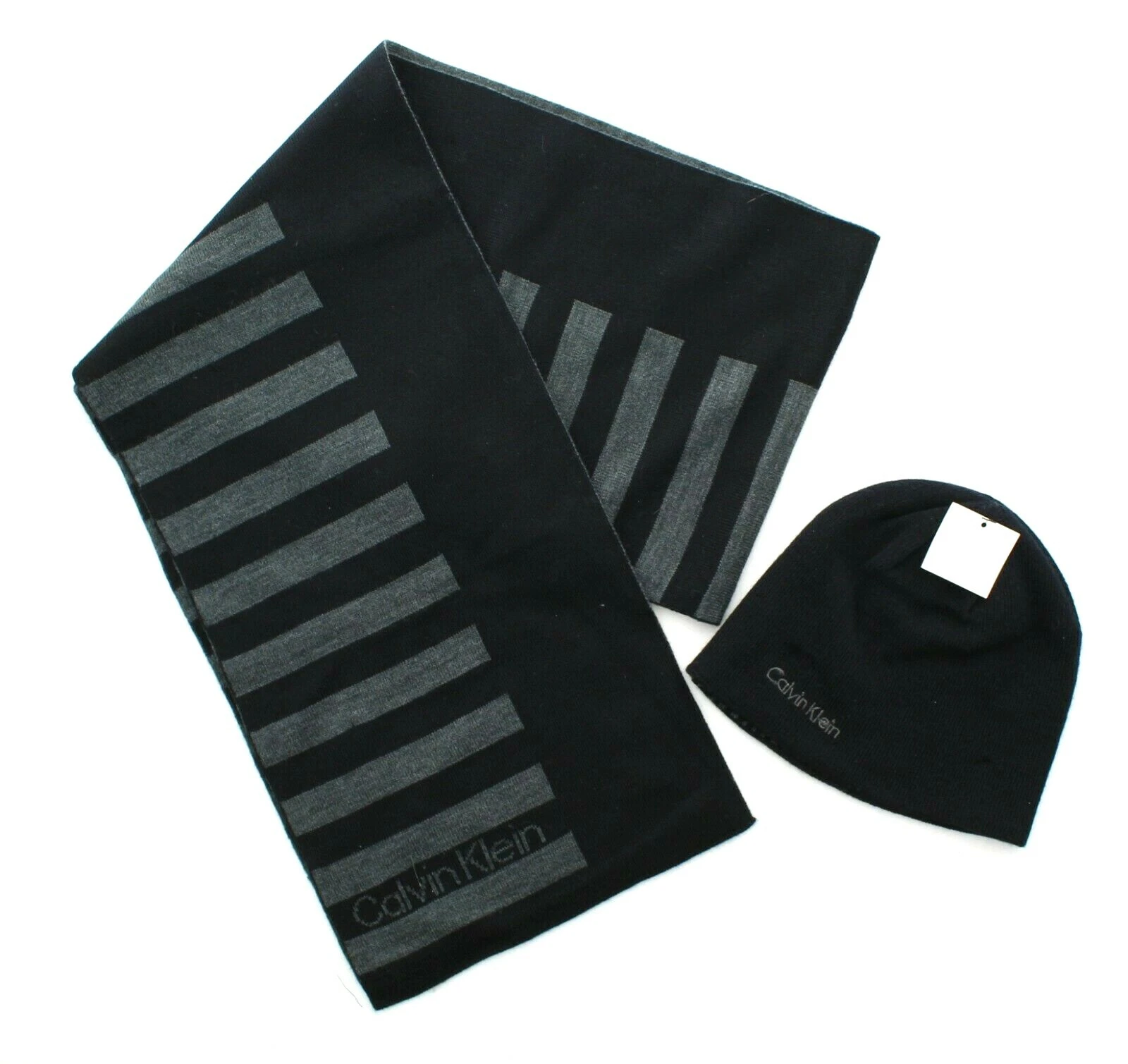 Calvin Klein Scarf Hat Winter Men's Logo Striped 2 Piece Gift Set, $80