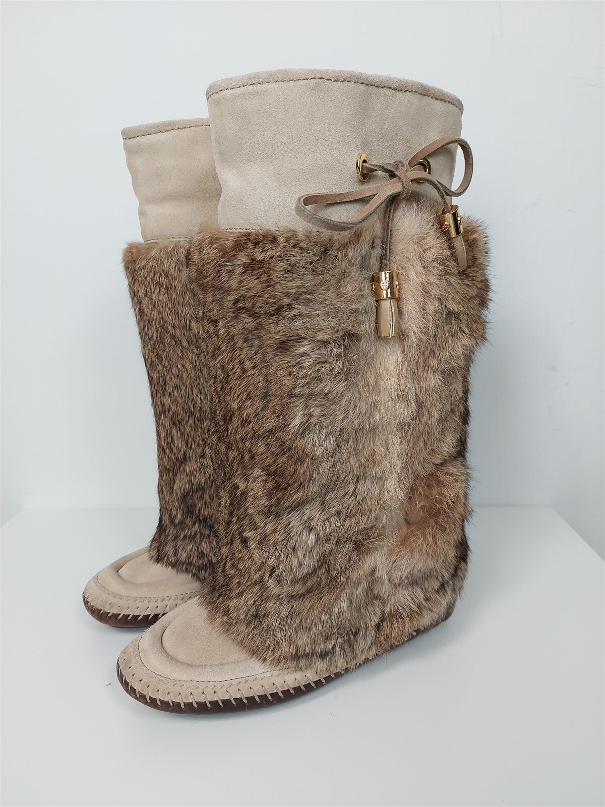 TORY BURCH Rabbit Fur Beige Suede Shearling Lined Moccasin Boots sz 7 | eBay