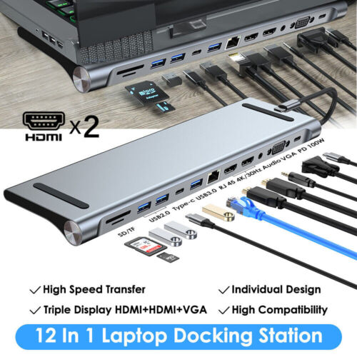 12in1 USB C Dockingstation Dual Monitor Dock Dreifach Display Ladefunktion - Bild 1 von 20