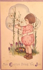 1912 Easter Greetings Postcard. "Little Girl with Lillies" Made In USA. #-1811