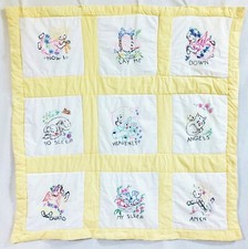 Vintage Handmade Baby Quilt Embroidered Now I Lay me Down to Sleep 38" X 38"