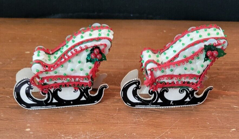 Vintage Push Pin Bead Sequin Sleigh Christmas Tree Ornaments - Set of 2