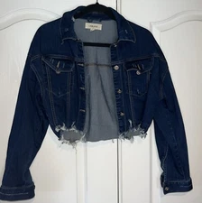 Labijou Denim Jean Jacket Blue Womens Small Crop Distressed Long Sleeve Y2K
