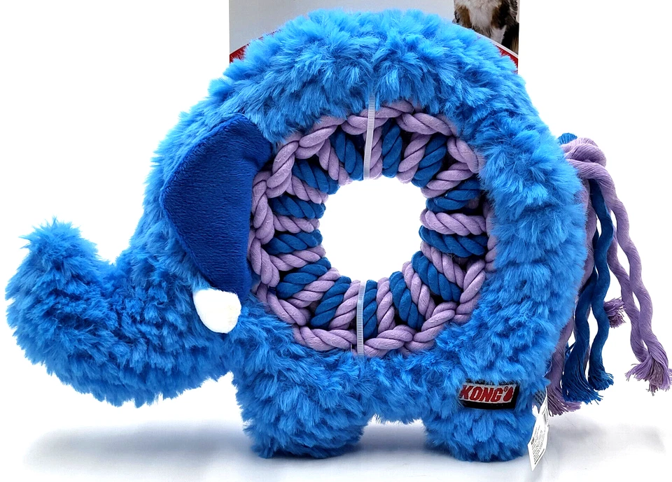 KONG Ringarooz Elefante Med Azul Fácil Agarre Chirriante Tirar y Masticar Perro Cuerda Juguete 10x8" Foto 3 de 4