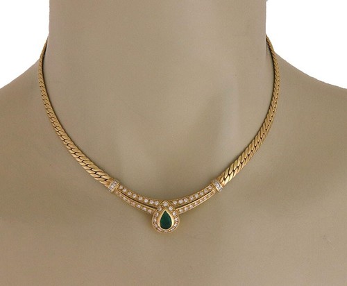 Emerald Diamond Gold Necklace 18k Yellow Teardrop Centerpiece Braided Chain - Picture 2 of 7