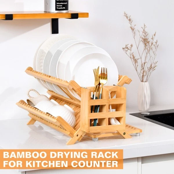 Бамбуковая сушилка для тарелок 3 уровня складная стойка для тарелок с держателем для посуды деревянная - Изображение 4 из 4