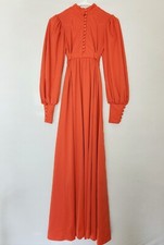 Vintage 1970s Handmade Orange Dress Gown Empire Maxi High Neck Buttons Cuffs