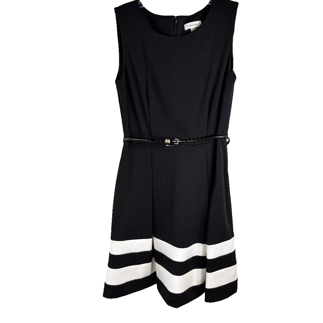 Calvin Klein Fit & Flare Black and White Dress with Belt Women's Size 6 NWOT