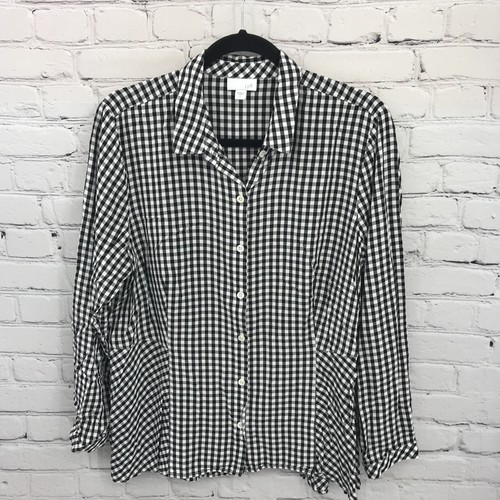 J Jill Top Damen Large Schwarz Langarm Knopfleiste Freizeit Karo Viskose Basic