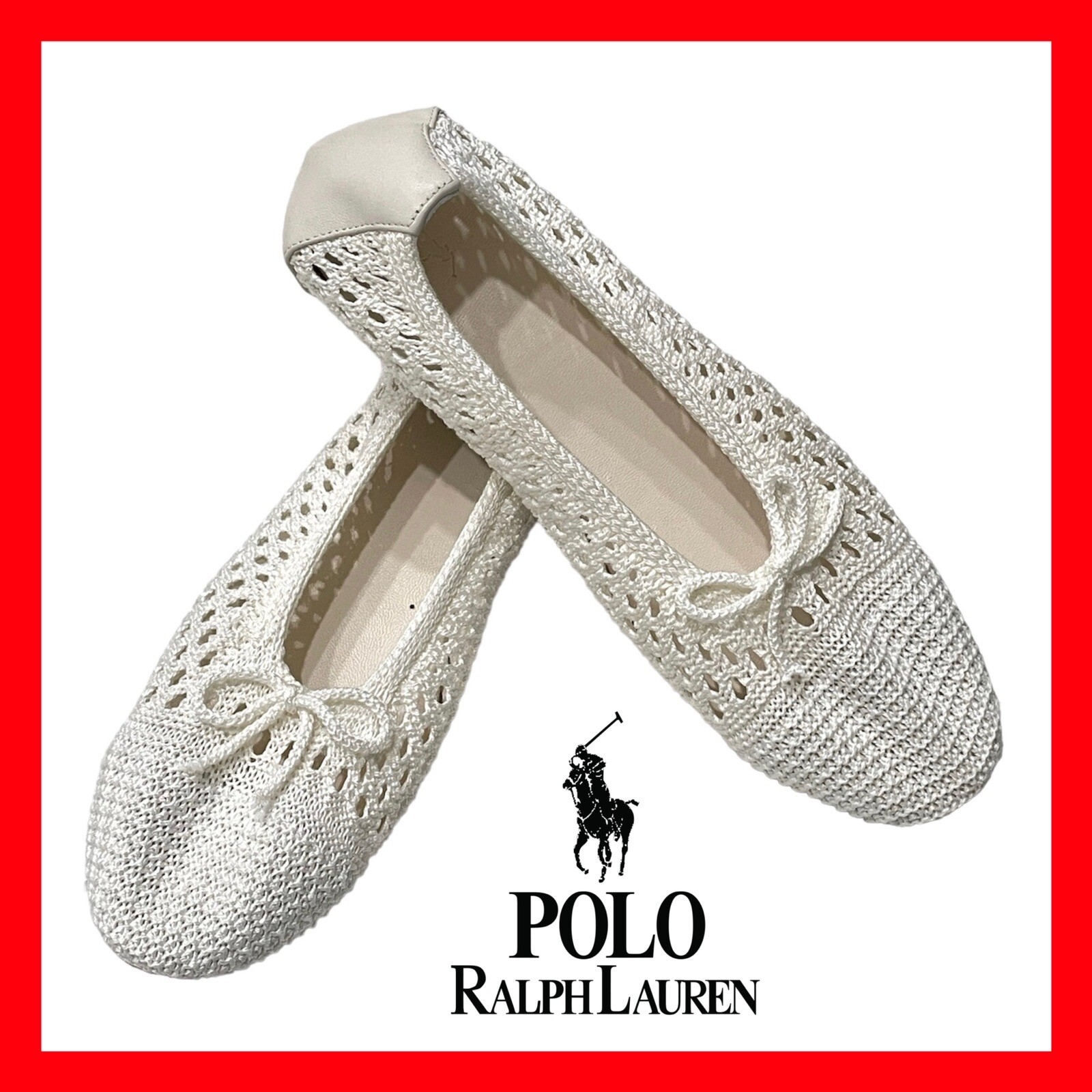 $348 Polo Ralph Lauren Crochet Ballet Flats White Cream Bow Tie Women's Size 9.5