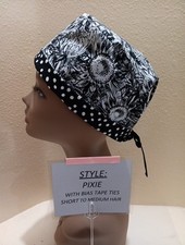 Sunflower Sketch Pixie Skull Women's Surgical Scrub Hat/Cap Handmade