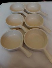 Set 6 Vintage McCoy Beige Pink And Blue Stripe Soup Crock Bowls Handles #874 USA