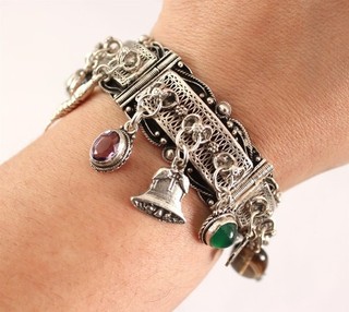 Vintage East Indian Silver Filigree Precious Gemstone & Sterling Charm Bracelet