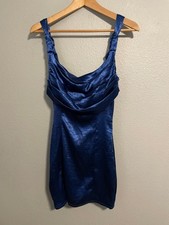 Lucy In The Sky Womens Mini Dress Medium Blue Satin Cowl Neck Party Clubwear