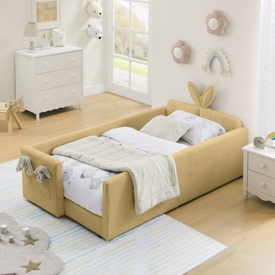 Twin Bed Frame w/ Cute Rabbit Ear Headboard, Safety Rail, Boucle Fabric