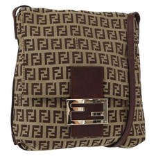 FENDI Zucchino Canvas Shoulder Bag Beige Gold Auth ka118