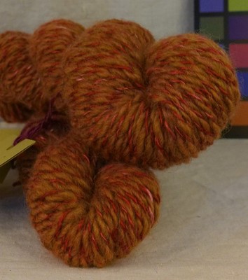 2 Handspun Orange Embers Wool with red silk 2 ply yarn sport 194 yard