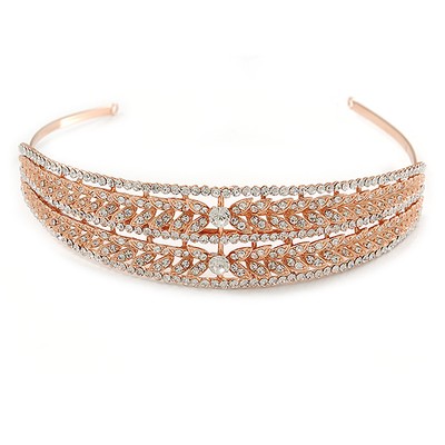 Wide Bridal/ Wedding/ Prom Rose Gold Tone Clear Austrian Crystal Leaf Tiara