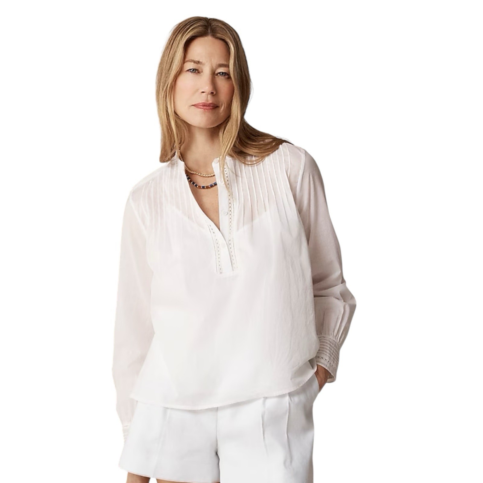 J Crew White Pintuck Lace Trim Cotton Voile Peasant Top Women Size S Long Sleeve