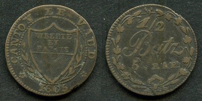 1805 Billon Coin From Switzerland Swiss Half Batzen or 5 Rappen Canton Vaud