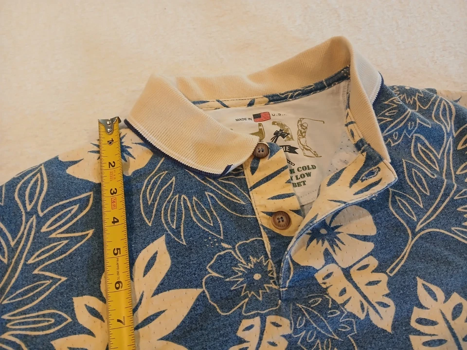 Camisa Polo de Golf Hawaiana The Skins Game De Colección Para Hombres L Azul Floral Hecha en EE. UU. Foto 2 de 4