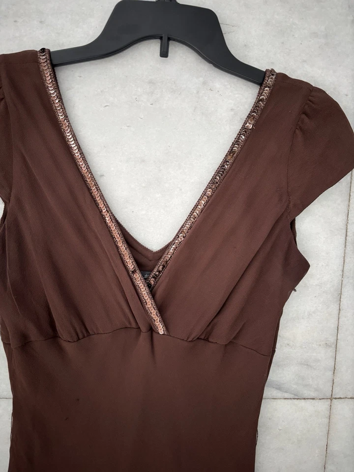 Vestido Dressbarn Años 90 Y2K De Colección Marrón Seda Lentejuelas Ribete Manga Gorra Cintura Caída Talla 10 Foto 4 de 4