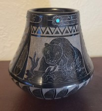 Red Starr Sioux Black Sgrafitto Pot With Inlaid Turquoise Red Starr Sioux Black Sgrafitto Pot With Inlaid Turquoise