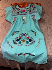 Handmade Mexican Girls Boho Floral Embroidered Puebla Dress Size S Vtg