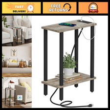 2-Tier Narrow Side Table with Charging Station - Small End Table for Living Room