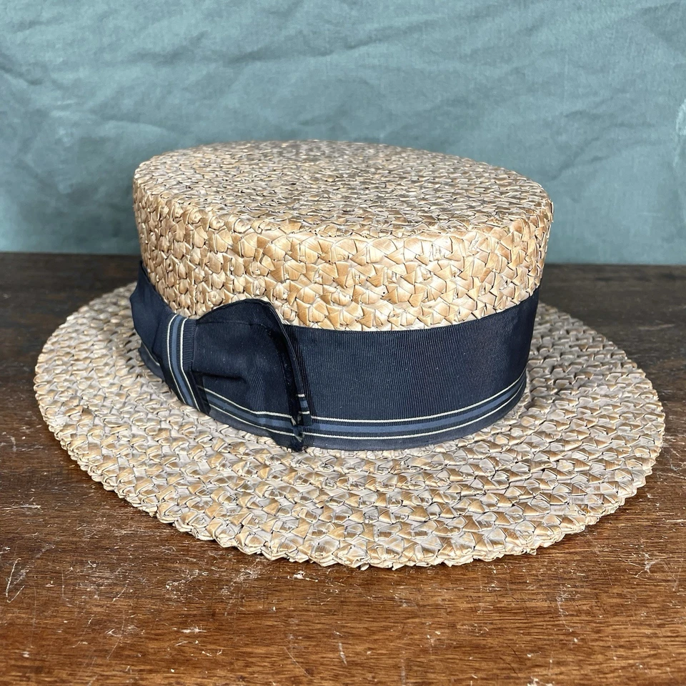 Sombrero Stetson de Colección Años 20 Para Hombres 6 5/8 Ovalado Azul Cinta Paja Boater Sombrero Años 20 Foto 4 de 4