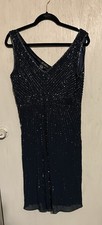 J Kara Navy Blue beaded gown with a V-neckline intricate sequin detailing Sz 10