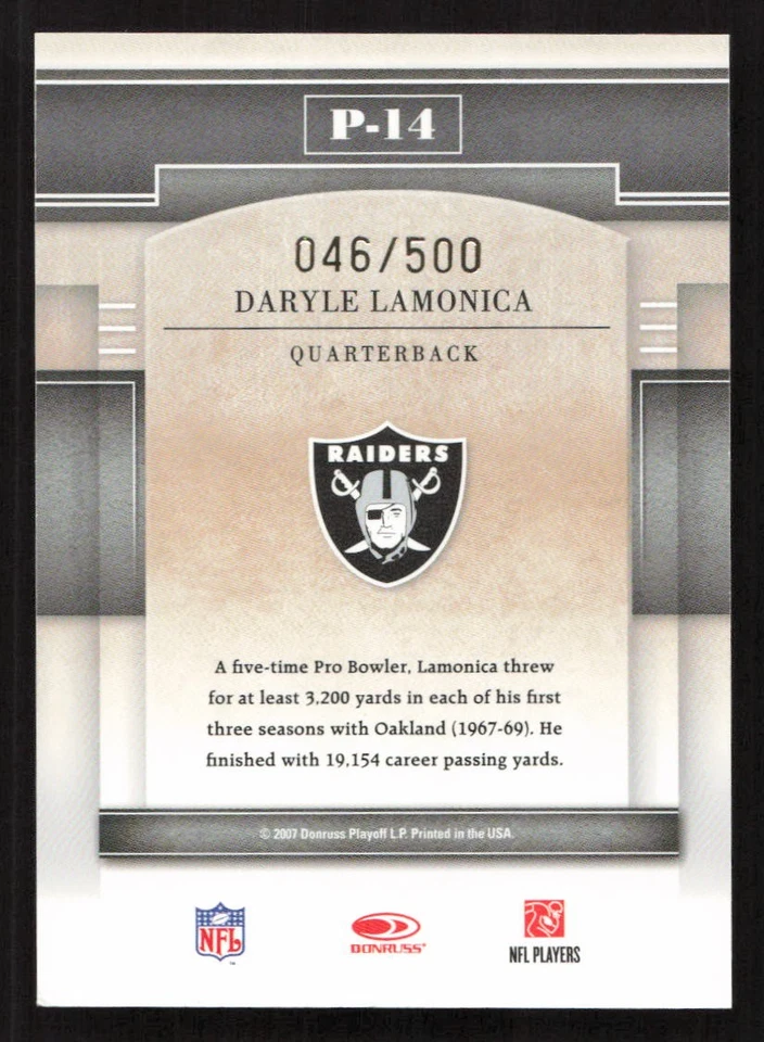 2007 Donruss Gridiron Gear Daryle Lamonica Performers Gold #/500 #P-14 Card - Image 2 of 2