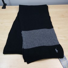POLO RALPH LAUREN Mens Scarf Black Gray Rugby Stripe Wool Blend Pony Logo 10x70