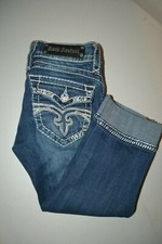 Rock Revival Women's Morgan Pocket Flaps Thick Stitch Blue Denim Capri Sz 25