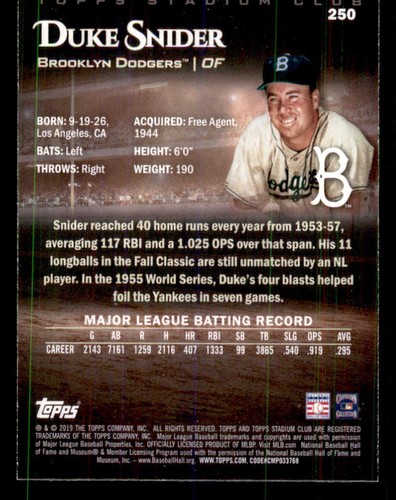 2019 Stadium Club #250 Duke Snider Brooklyn Dodgers - Picture 2 of 2