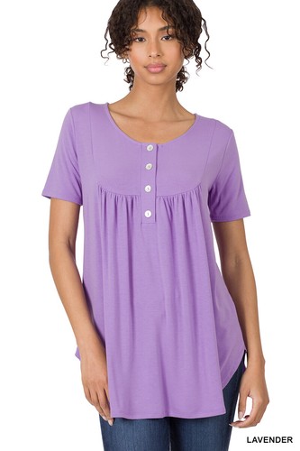 Women's Round Neck Shell Buttons Yoke Shirring Short Sleeve Luxe Rayon Tunic Top - Picture 42 of 56