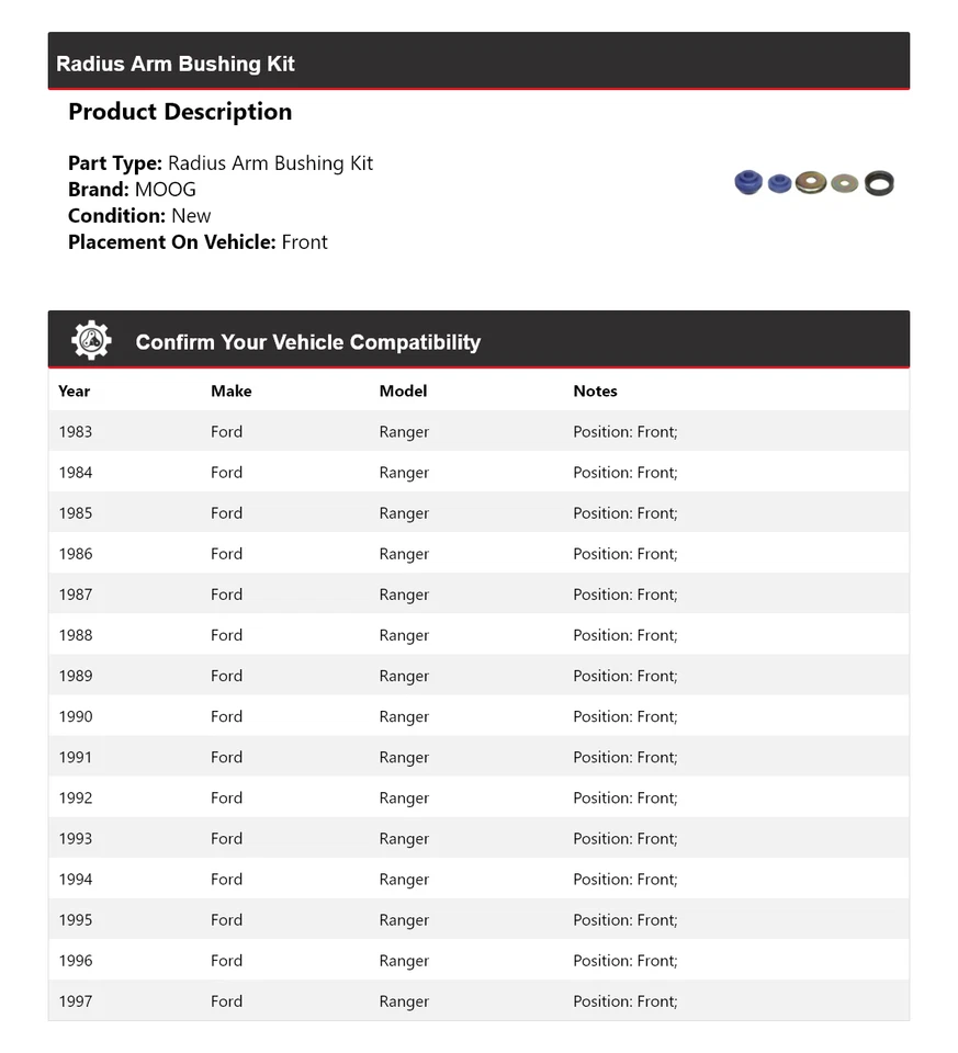 Kit de buje de brazo de radio delantero para Ford Ranger 1983-1997 MOOG 1983 1984 1985 1986 Foto 2 de 3