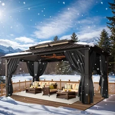 12'x20' Hardtop Gazebo Heavy Duty Hot Tub Gazebo with Flame-Resistant Curtains