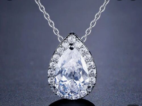 3 Carat moissanite pear cut Pendant In Sterling Silver On Chain NWT