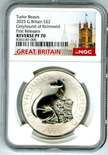 2025 GB 1OZ SILVER REVERSE PROOF NGC PF70 TUDOR BEASTS GREYHOUND OF RICHMOND