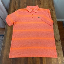 Under Armour Polo Shirt Mens Large Orange Striped Playoff Performance HeatGear
