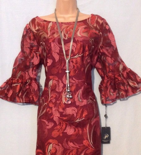 Bnwt ADRIANNA PAPELL (16/18) Red Multi Scroll Embroidered Sheath Cocktail Dress - Picture 4 of 11