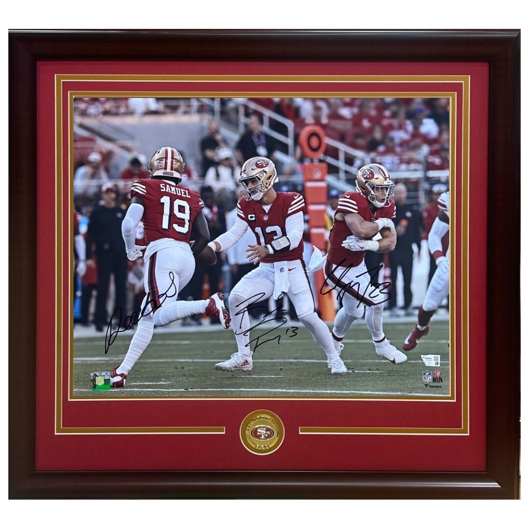 Christian McCaffrey Autographed Signed San Francisco 49ers Brock Purdy Samuel McCaffrey 16x20 Framed Photo 49ers Auto Fanatics COA 