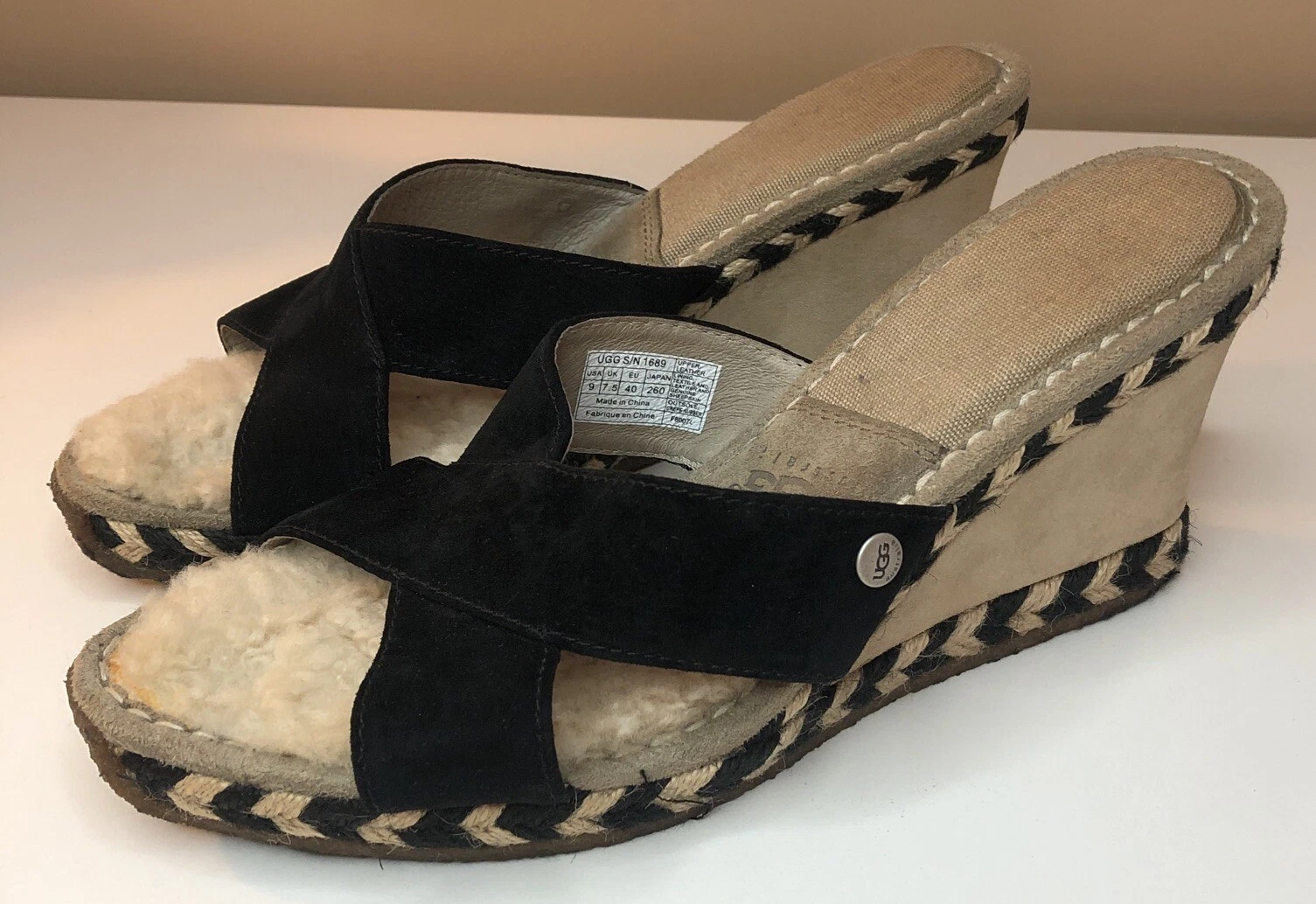 SANDALI tacco UGG Australia pelle nera 1689 zeppa slide donna taglia 9 US